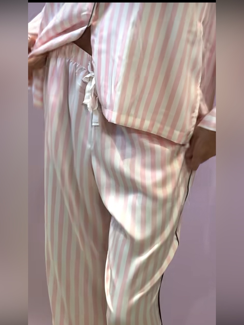 Victoria's Secret Pink & White Striped Satin Pajama Top with Black Trim